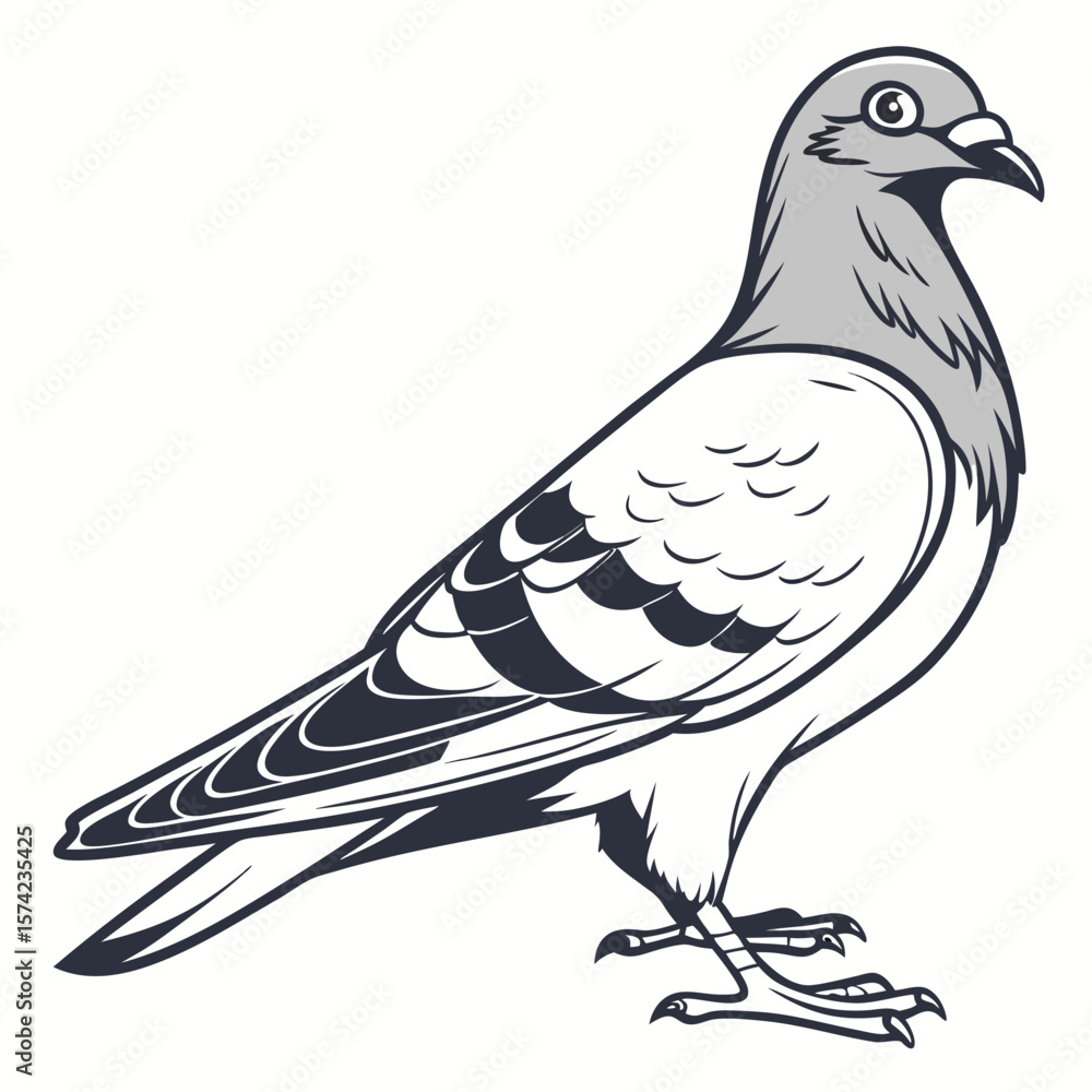 Obraz premium Pigeon standing grey and white bird with dark outlines vector