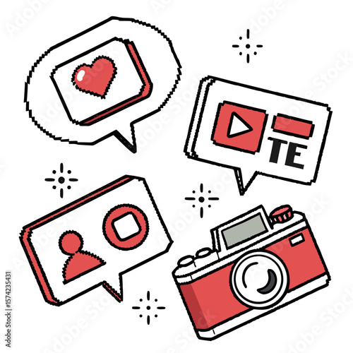 Pixelated social media icons and camera pixel art