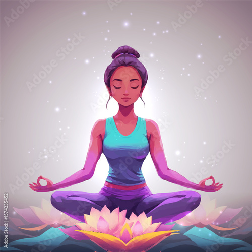 Vector illustration of a silhouette of a woman sitting in the lotus position. The concept of meditation.