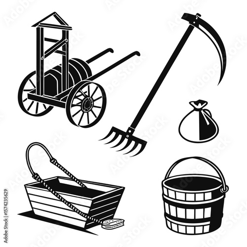 Black and white village tools and equipment sickle