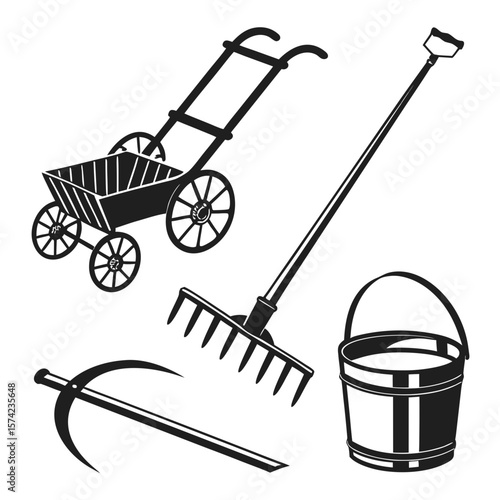 Black silhouettes of farm tools and cart sickle rake