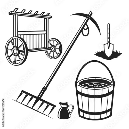 Village tools cart sickle shovel bucket jug vector