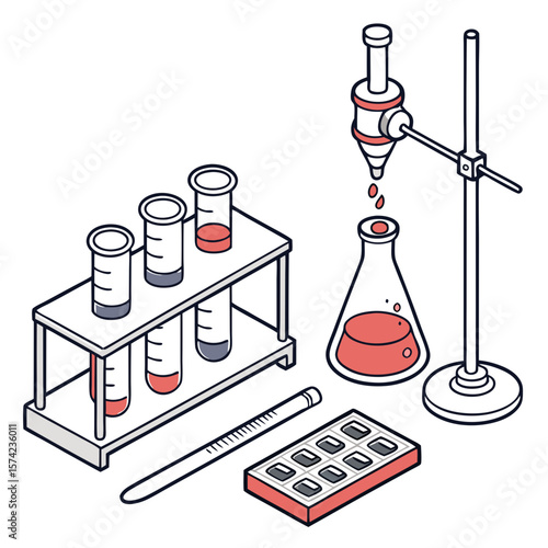 Laboratory equipment for chemical analysis with red liquid science experiment