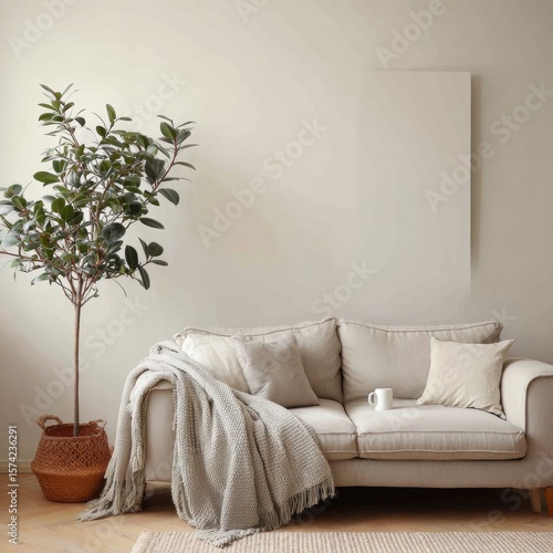 Cozy living room with green plant and soft textiles in neutral tones