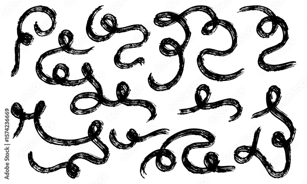 Fototapeta premium Curls lines dry brush. Collection of vector brush strokes. Black paint draws wavy lines, dirty curved strokes. The ink stands out on white background. Grunge brush lines. Calligraphic strokes, stamps