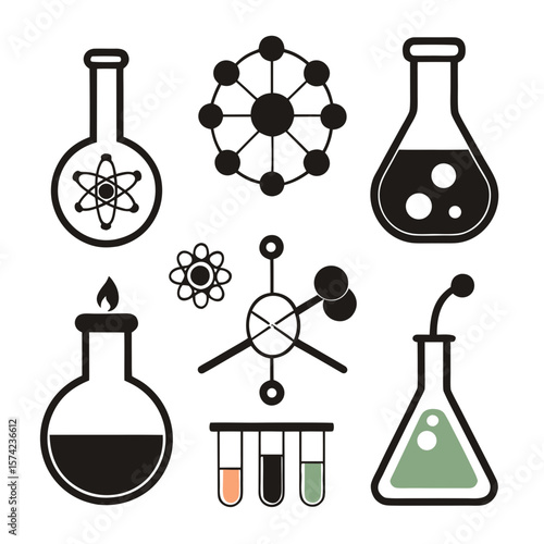 Science lab icons with flasks and molecules laboratory