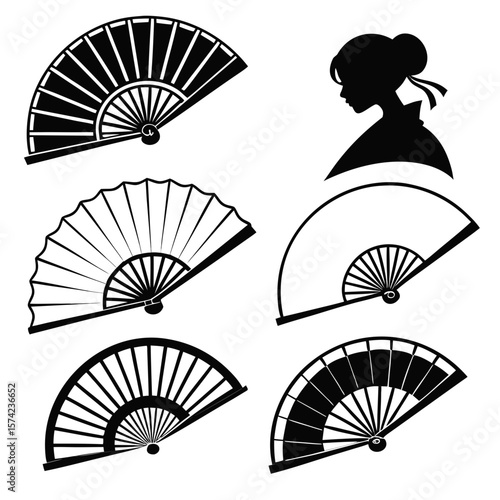 Asian fans and woman silhouette traditional fan folding fan
