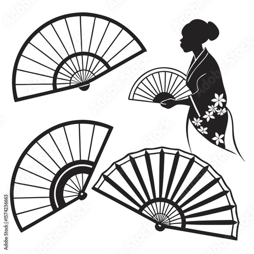 Silhouette of woman with fans asian traditional