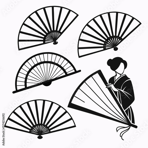 Japanese woman with traditional fans kimono