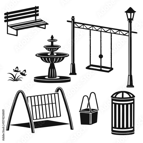 Park elements bench fountain swings lamp trash can
