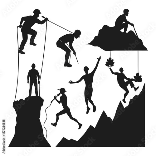 Diverse climbers ascend rocky peaks using ropes and gear climbing mountaineering
