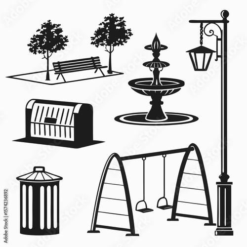 Park elements bench fountain swings lamp trash bin