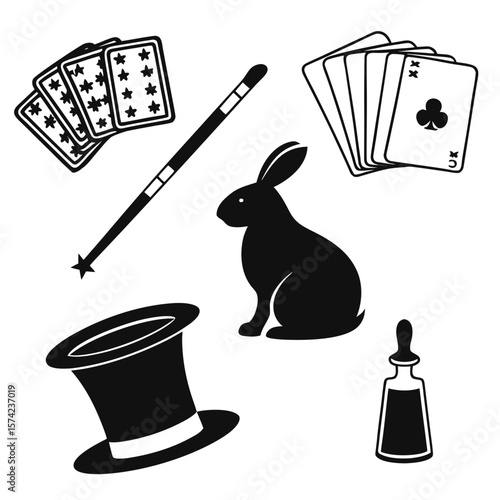 Magic show elements including rabbit top hat wand and playing cards magician performance