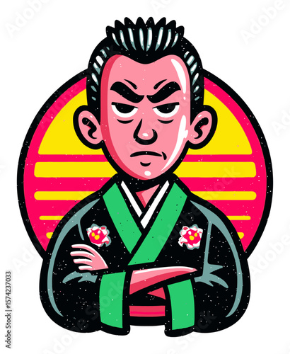 Cartoon Samurai Character with Headband and Serious Expression