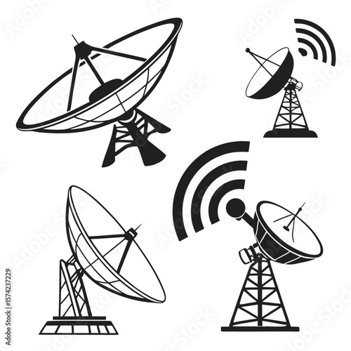 Black satellite dishes and antennas transmitting signals transmission communication