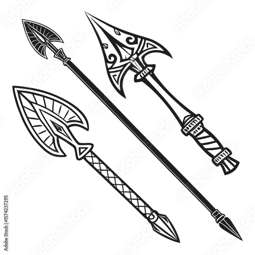 Tribal spearheads with decorative patterns and textured shafts ancient weapon