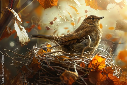 Small bird resting on its nest during fall, surrounded by colorful foliage and soft sunlight