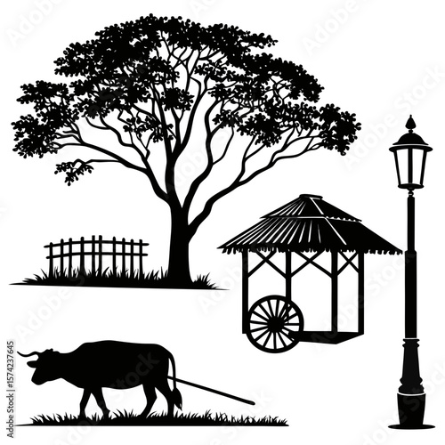 Rural village scene with tree cow and cart elements