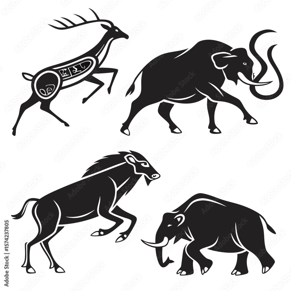 Naklejka premium Prehistoric animal silhouettes deer mammoth boar cave painting