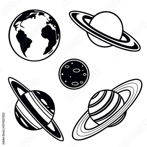 Celestial bodies planet and moon icons earth saturn