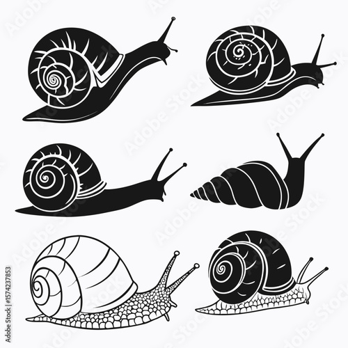 Six black snail and slug silhouettes in various poses black and white crawling