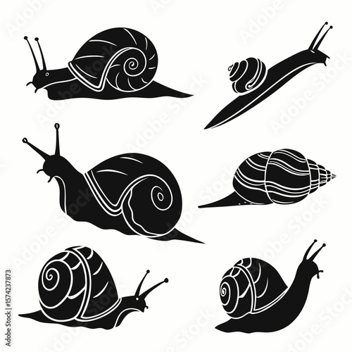 Six black snail silhouettes with detailed shells on white slug