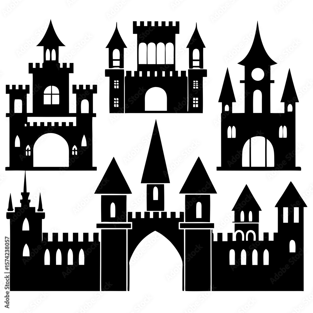 Fototapeta premium Black castle silhouettes with towers and gates medieval architecture