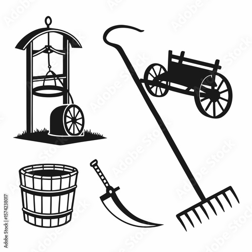 Black silhouettes of village tools and well sickle rake