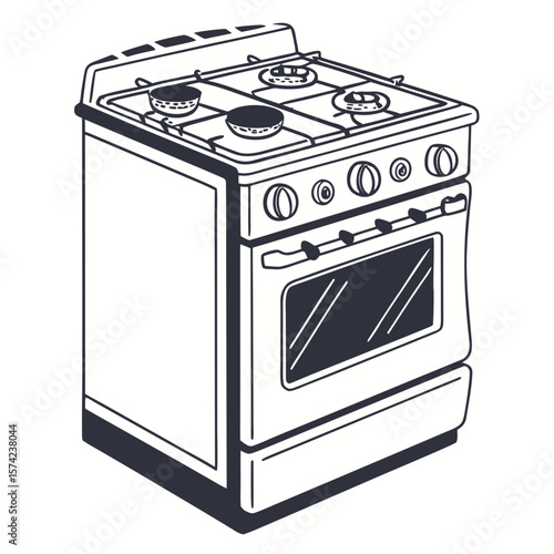 Black and white stove with oven and burners kitchen appliance