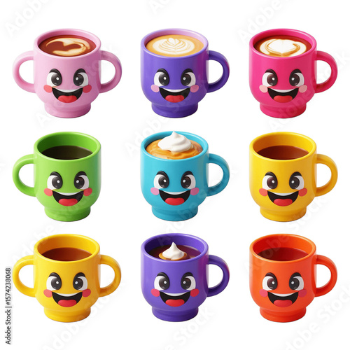 Png colorful coffee mugs with happy cartoon faces filled with various coffee drinks and toppings