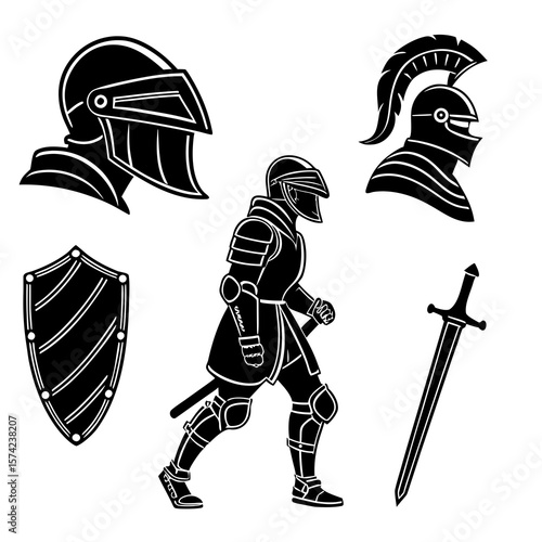 Knight warrior armor helmet shield sword medieval battle gear vector