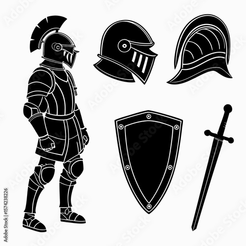 Black silhouette knight armor set with helmet shield and sword vector