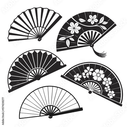 Black and white traditional fans with floral designs asian african