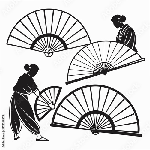 Asian figures with traditional fans culture woman