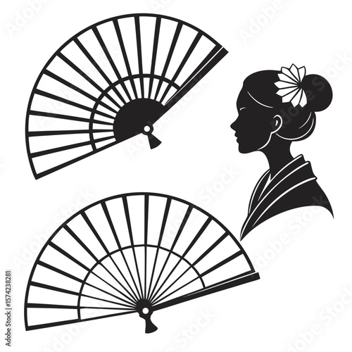 Silhouette of Asian woman with fans traditional
