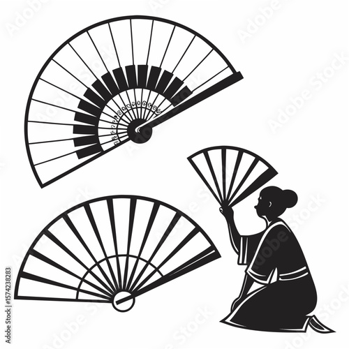 Traditional fans with musical notes and a person vector
