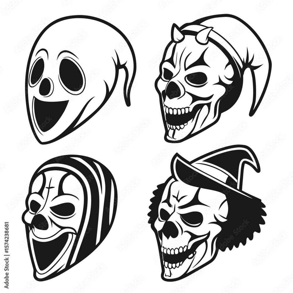 Fototapeta premium Spooky ghost skull devil clown witch masks halloween horror