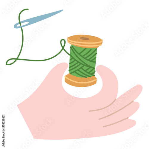 hand holds a ball of thread with a sewing needle. Preparing for sewing. Flat color illustration. Hobby, handwork, needlework. Needlework, favorite creative hobbies. Profession, work, creative endeavor