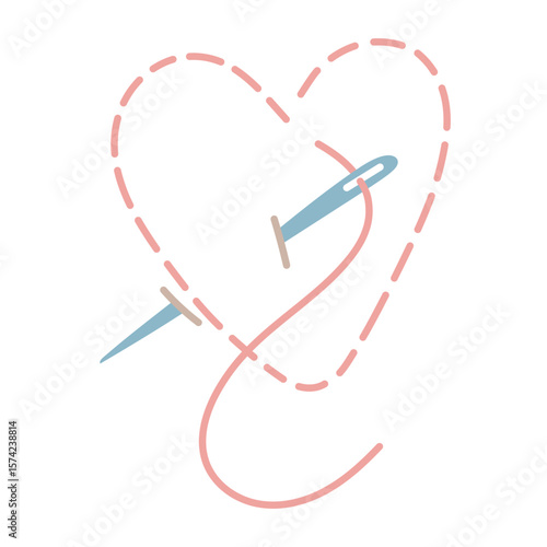 needle with a red-threaded heart embroidery. heart is embroidered with a dot stitch. Handmade. flat color illustration. Love for sewing, embroidery, handicrafts. hobby, creative, symbol of love