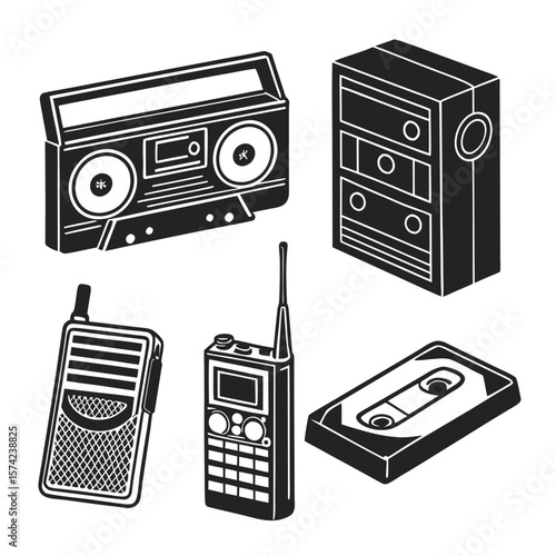 Retro electronics collection boombox walkie talkies cassette vintage technology