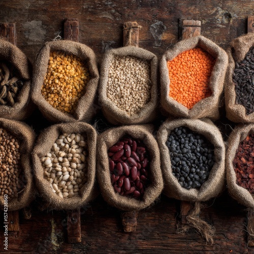 Colorful Variety of Dried Legumes and Grains in Natural Textiles
