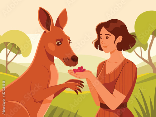 Kind woman gently feeding berries to a friendly kangaroo in a natural australian landscape