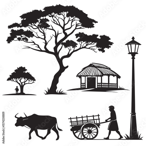 Rural village scene with trees hut bullock cart and person silhouette