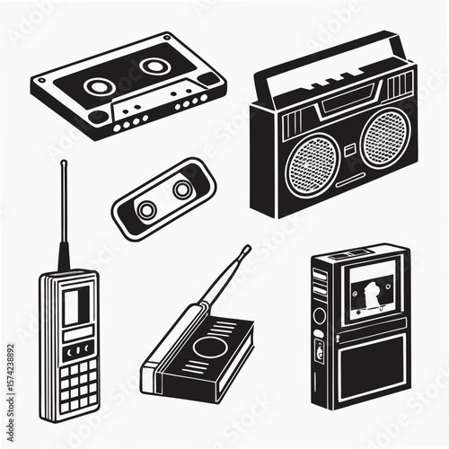 Retro electronics collection boombox cassette player walkie talkie vintage technology