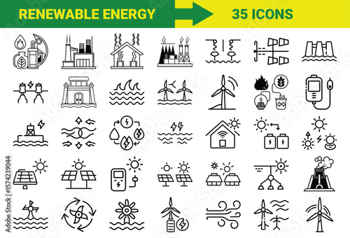 Renewable Energy and Sustainable Power Line Icons Bundle Featuring Solar, Wind, Hydro, Geothermal, Biomass, Energy Storage, Eco Power Plants, and Green Technology Symbols