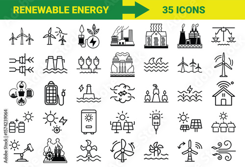Renewable Energy and Sustainable Power Line Icons Bundle Featuring Solar, Wind, Hydro, Geothermal, Biomass, Energy Storage, Eco Power Plants, and Green Technology Symbols