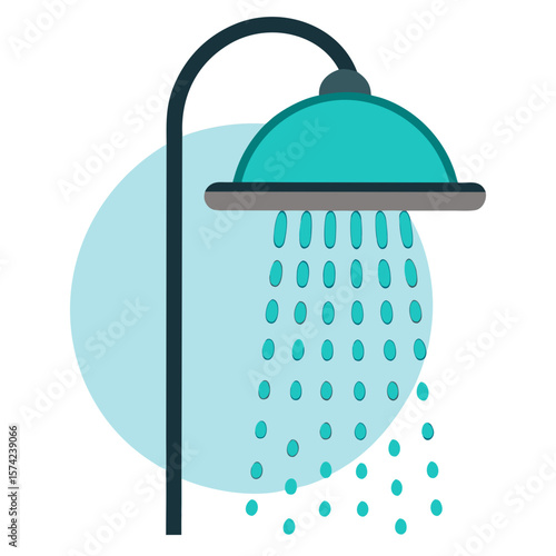 Teal shower head with falling water droplets blue