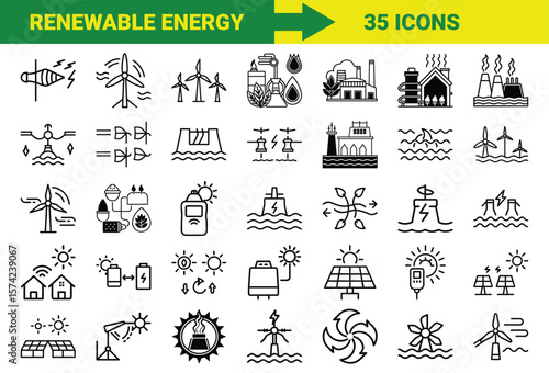 Renewable Energy and Sustainable Power Line Icons Bundle Featuring Solar, Wind, Hydro, Geothermal, Biomass, Energy Storage, Eco Power Plants, and Green Technology Symbols