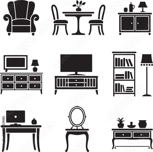 Furniture collection with armchair table chairs cabinet television bookshelf desk and vanity vector
