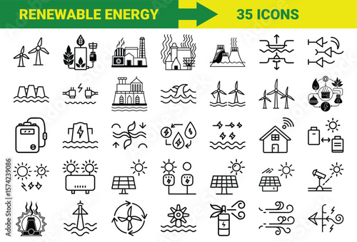 Renewable Energy and Sustainable Power Line Icons Bundle Featuring Solar, Wind, Hydro, Geothermal, Biomass, Energy Storage, Eco Power Plants, and Green Technology Symbols